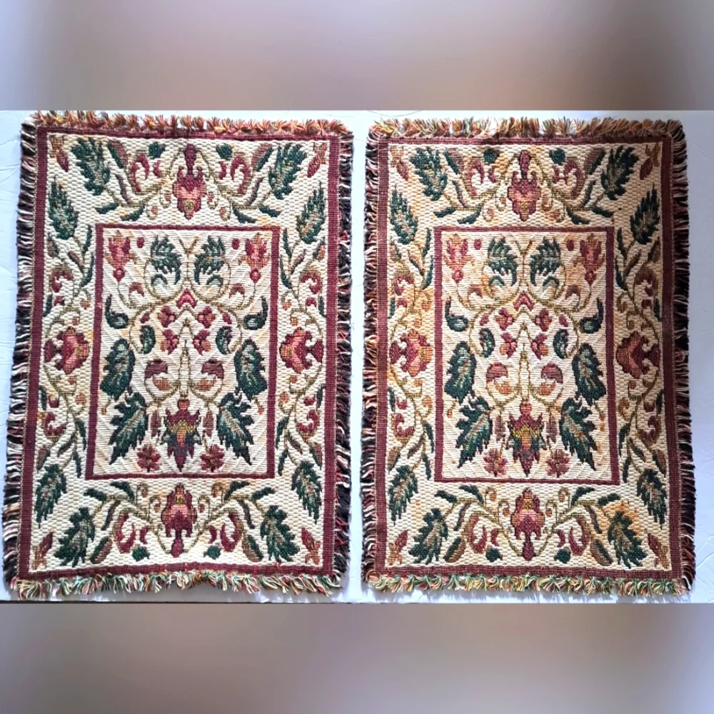 Two Vintage Victorian Tapestry Beige  Table Mats Multicolored Leaf Design